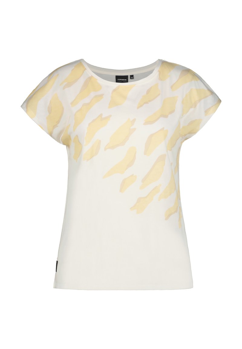 Camisa blanca de manga corta con un patrón abstracto amarillo fluido. Confeccionada en un material suave, con un corte relajado y un escote redondo.