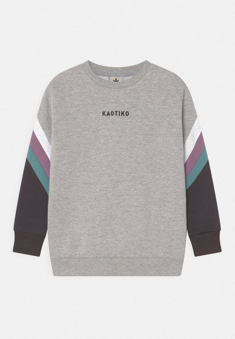Felpa grigia con maniche lunghe, caratterizzata da un design a strisce multicolori in teal, viola e grigio scuro. Logo "KAOTIKO" sul petto.
