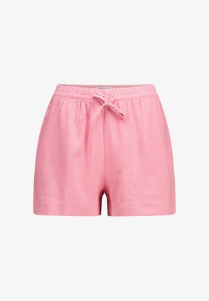 Pink linen shorts with an elastic waistband and drawstring tie. The fabric is smooth with a light texture, ideal for warm weather.