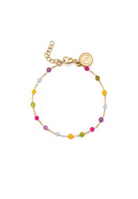 Pulsera de cadena de oro con cuentas multicolores en púrpura, azul, verde, rosa y amarillo. Cierre ajustable con un pequeño charm con el logo.