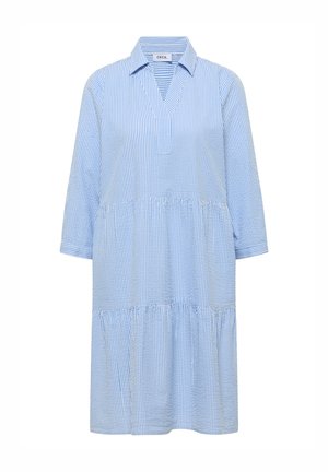 Blauw-wit verticale gestreepte jurk met lange mouwen, gelaagde rok en open V-hals, gelabeld "CECIL" aan de binnenkant van de halslijn.