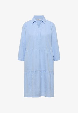 Niebiesko-biała sukienka w pionowe paski z długim rękawem, warstwową spódnicą i otwartym dekoltem w serek, z metką "CECIL" wewnątrz dekoltu.