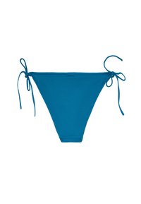 Tealfärgad bikinitrosa i strukturerad tyg, med justerbara knytband på varje sida och en klassisk triangulär form.