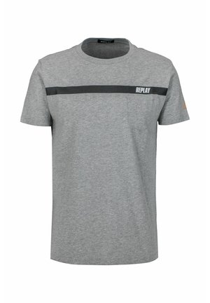 Grey short-sleeve t-shirt with a black horizontal stripe across the chest and "REPLAY" logo on the left side above a chest pocket.