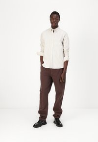 Chemise à rayures légères avec des manches retroussées, associée à un pantalon marron et des chaussures noires à lacets, se tenant devant un fond blanc.