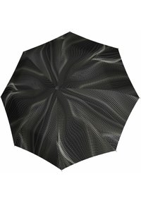 Schwarzer Regenschirm mit einem wirbelnden Muster in Grau. Verfügt über eine glatte Stoffoberfläche mit einem runden oberen Knopf und einem robusten, gebogenen Griff.