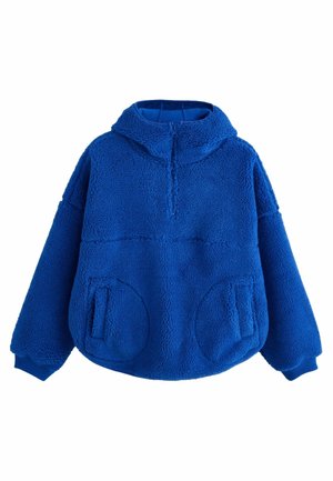 Blue fleece pullover hoodie with half-zip front, long sleeves, ribbed cuffs, and two circular front pockets.