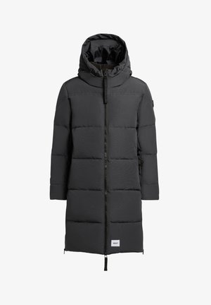 Giacca a vento nera con cappuccio, dotata di zip frontale, design imbottito, maniche lunghe e etichetta con logo all'orlo. Materiale e texture lisci.