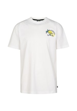 Camiseta blanca de manga corta con cuello redondo, con texto pequeño y colorido y gráfico de limón en el pecho izquierdo que dice "Parsolindo", "Las Limas", "Los Limones" y "La Paz Mx."