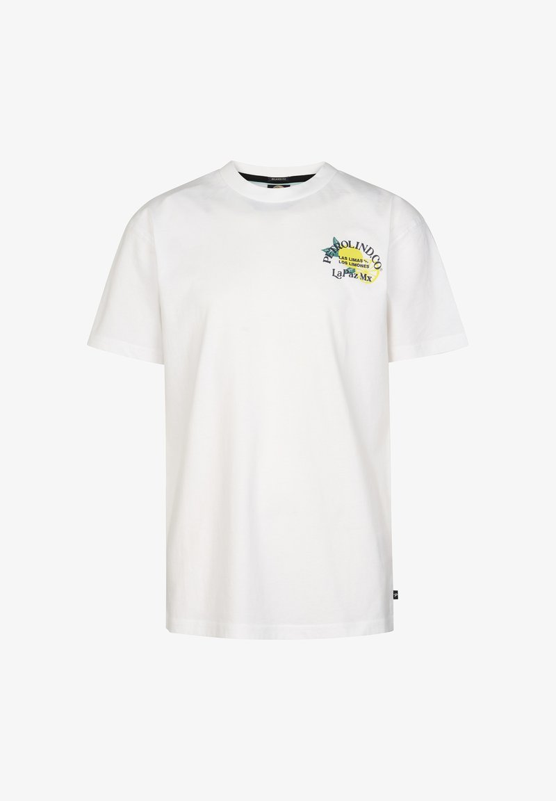 Camiseta blanca de manga corta con cuello redondo, con texto pequeño y colorido y gráfico de limón en el pecho izquierdo que dice "Parsolindo", "Las Limas", "Los Limones" y "La Paz Mx."