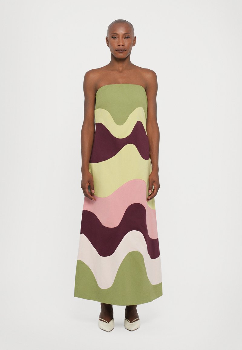Strapless maxi dress in cotton blend featuring a wavy design with green, pink, purple, and cream colors. Smooth texture and floor-length cut.