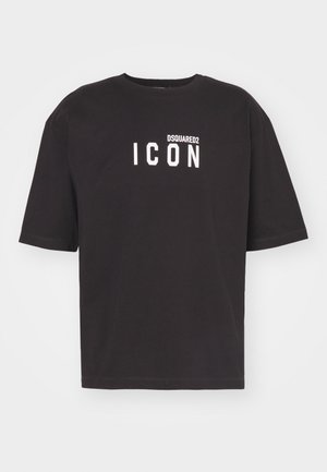 Camiseta preta de manga curta feita de algodão, com o logótipo impresso "ICON" em branco e o texto "DSQUARED2" na frente. Design clássico com decote redondo.