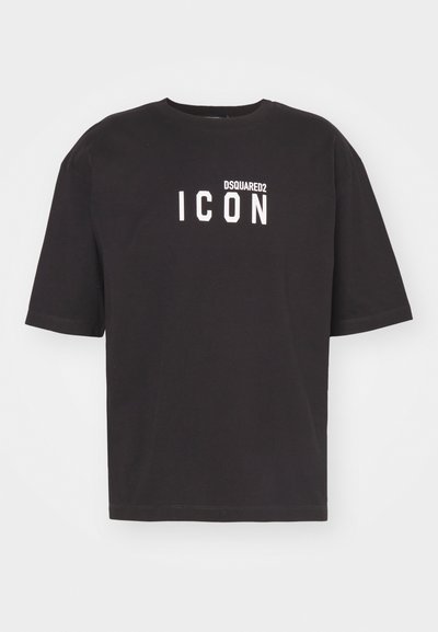 Black short-sleeve T-shirt made of cotton, featuring a white printed "ICON" logo and "DSQUARED2" text on the front. Classic crew neck design.