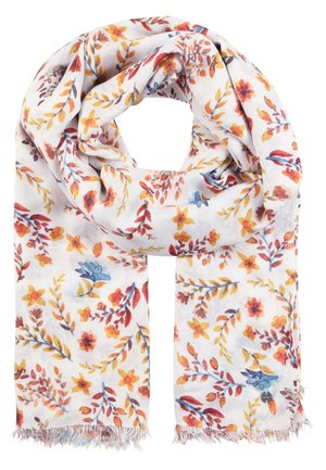 Hvidt tørklæde med blomsterprint i orange, gul, rød og blå, med små frynser i enderne.
