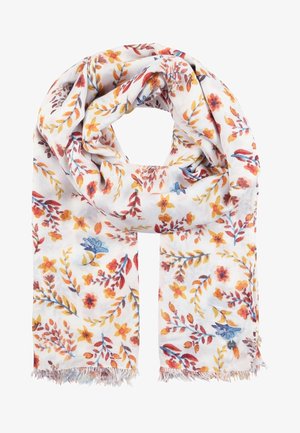 Bufanda blanca con un patrón floral en naranja, amarillo, rojo y azul, con pequeños bordes deshilachados en los extremos.