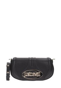 Borsa a tracolla nera in ecopelle con forma curvata. Caratterizzata da una placca logo argentata prominente, dettagli cuciti e una tracolla staccabile.