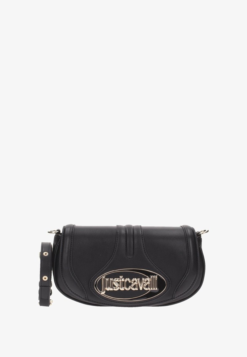 Borsa a tracolla nera in ecopelle con forma curvata. Caratterizzata da una placca logo argentata prominente, dettagli cuciti e una tracolla staccabile.