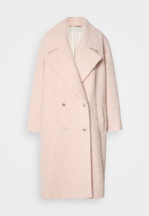 Light pink wool coat with a double-breasted front, large lapels, and silver-tone buttons. Features a relaxed fit and side pockets.