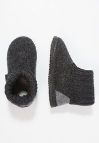Gray felted wool slippers with a knitted cuff, rounded shape, and a contrasting gray accent on the side. Textured surface, soft interior.