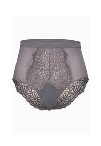 Grijze hoge taille onderbroek met ingewikkelde kantdetails en golvende randen. Zachte stof met een gladde textuur en een bloemenkantpatroon.