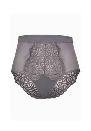 Grijze hoge taille onderbroek met ingewikkelde kantdetails en golvende randen. Zachte stof met een gladde textuur en een bloemenkantpatroon.