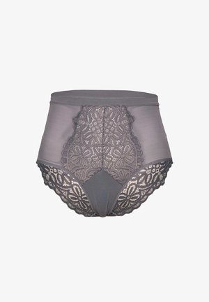 Hochgeschnittene graue Unterwäsche mit filigranen Spitzenverzierungen und gewellten Kanten. Weicher Stoff mit glatter Textur und floralen Spitzendesigns.