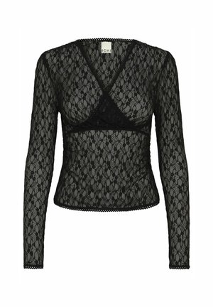 Svart spets topp med långa ärmar som har en inslagningdesign, blommönster, scallopkanter och en inbyggd bralette för extra stöd.