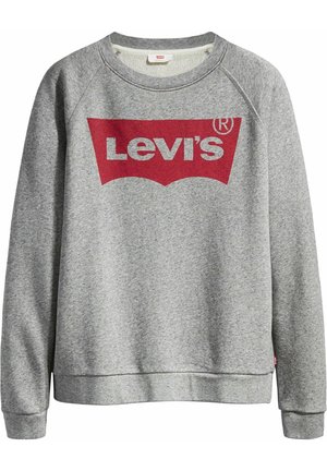 Szara bluza z okrągłym dekoltem i długimi rękawami, z dużym czerwonym logo Levi's na środku klatki piersiowej.