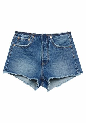 Shorts de mezclilla con dobladillo desgastado, dos bolsillos delanteros y un lavado azul. Incluye herrajes metálicos para el cierre y costura de refuerzo.