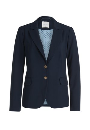 Blazer navy in tessuto elasticizzato con revers a losanga, due tasche frontali, chiusura con bottone marrone e fodera a pois blu chiaro.