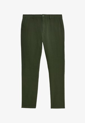 Pantaloni su misura verde scuro con zip frontale, tasche laterali e una texture di stoffa liscia. Design aderente con gambe dritte e senza motivi visibili.