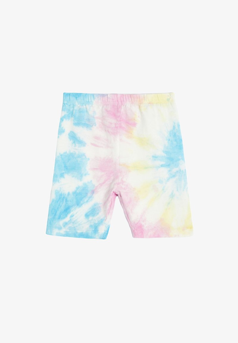 Kort bukser i bomulds tie-dye med en blanding af blå, pink og gule farver, elastisk talje og en afslappet pasform.
