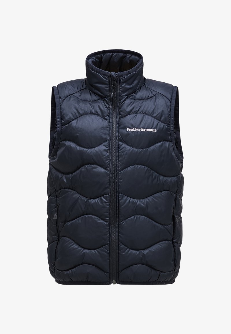 Gilet senza maniche di puffy navy con design trapuntato, colletto alto, zip frontale e tasche laterali discrete. Logo "PeakPerformance" sul petto.