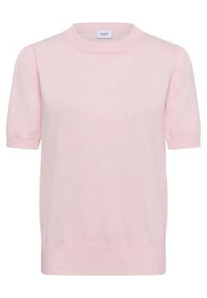 Lyserød strikket kortærmet sweater med ribbet rund halsudskæring, manchetter og kant, med en diskret puf på skuldrene.