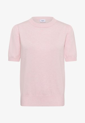 Hele-roosa lühikeste varrukatega kootud kampsun soonikkoes ümara kaeluse, mansettide ja äärega, õlgadel õrna padjandi efektiga.