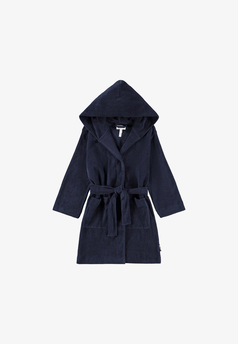 Roupa de banho com capuz na cor marinha, feita de toalha de felpo, com mangas longas, fecho com cinto e dois bolsos frontais. Textura macia, design até aos joelhos.