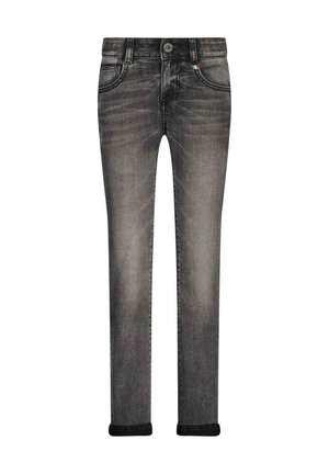 Jeans in denim grigio a taglio slim con finitura sbiadita, design a cinque tasche, chiusura frontale con bottoni e dettagli di cuciture scure. Dettaglio con bandiera italiana sulla vita.