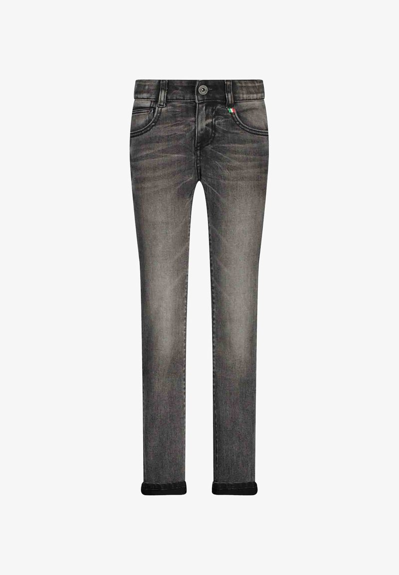 Jean denim gris coupe slim avec une finition délavée, design à cinq poches, fermeture avant à boutons et accents de couture foncée. Détail du drapeau italien sur la ceinture.