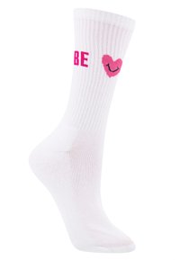 Weiße Baumwollsocke mit geripptem Muster. Mit pinkem Text "BE" und einem pinken lächelnden Herzdesign. Knöchelhöhe, mittlere Dicke.