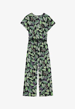 Trumpomis rankovėmis kombinezonas plačiomis kelnėmis, juodas fonas su žaliu, violetiniu ir smėlio spalvos lapų raštu, su suveržta liemens dalimi ir raukiniais.