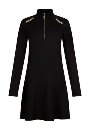 Vestito nero a maniche lunghe con colletto alto, mezza chiusura lampo frontale e dettagli in catena dorata sulle spalline.
