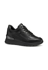 Sneaker in pelle nera con una consistenza liscia, punta rotonda, design con lacci e un accento lucido nere sul tallone. Suola in gomma per una buona aderenza.