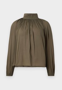 Olivenfarget bluse med høy krage, lange ermer og rynkede detaljer ved halsen. Laget av glatt, lett stoff.