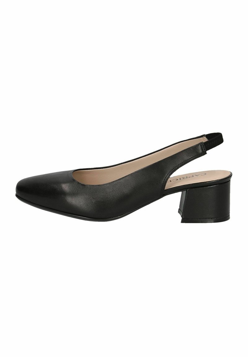 Juodas slingback tipo batas, pagamintas iš sintetinės odos, su smailiu pirštu, žemu blokuojamu kulnu ir lygiu paviršiumi, minimalistiško dizaino.