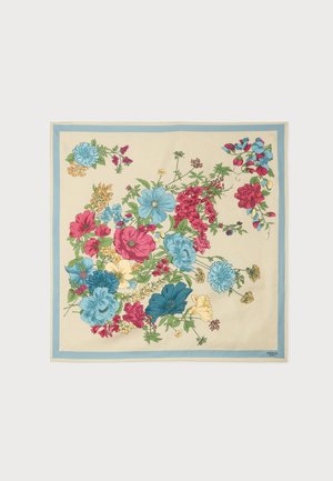 Quadratischer beiger Schal mit blauem Rand, dekoriert mit großen bunten Blumen in Blau, Rot, Gelb und grünen Blättern.