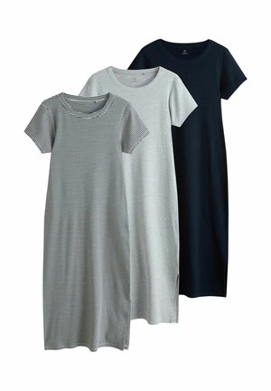 Tre midi-kjoler med korte ærmer i sort og hvide striber, ensfarvet lysegrå og ensfarvet sort, vist overlappende på en hvid baggrund.