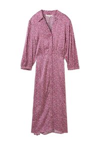 Rosa Midi-Kleid mit Knopfverschluss vorne, Kragen und elastischem Bund. Es hat ein florales Muster, besteht aus weichem, leichtem Stoff und hat lange Ärmel.