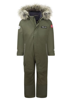 Olive green insulated snowsuit with fur-trimmed hood, zipper and snap closures, reflective accents, and two side pockets. Features logo patch.