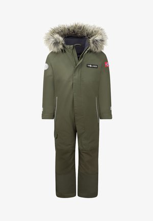 Olive green insulated snowsuit with fur-trimmed hood, zipper and snap closures, reflective accents, and two side pockets. Features logo patch.