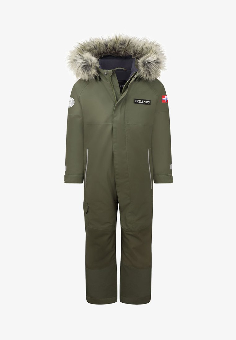 Olive green insulated snowsuit with fur-trimmed hood, zipper and snap closures, reflective accents, and two side pockets. Features logo patch.